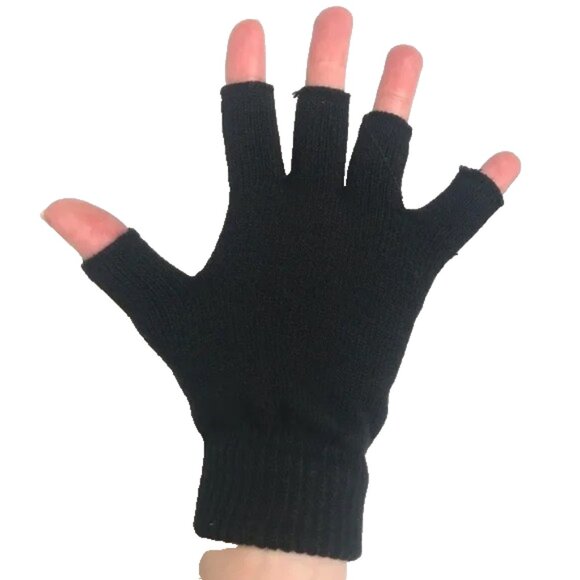 Black Fingerless Gloves Knit Hand Warmers Cut Off Fingers Texting Warm Womens OS - Picture 1 of 5